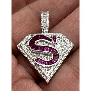 superman Sterling Silver 925 Pendant Cz Ruby Rhodium Plated